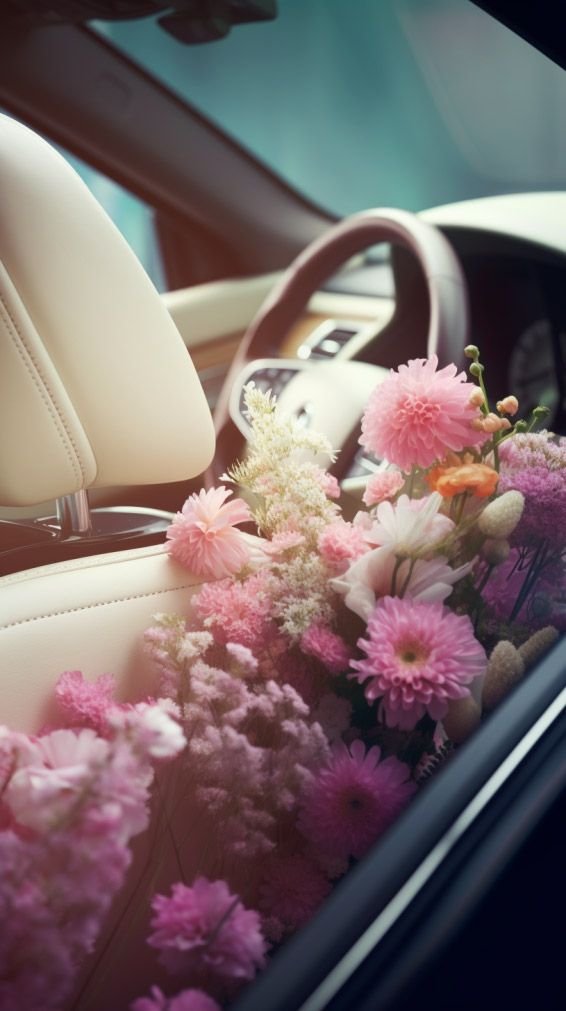 flowers going out of a luxury car